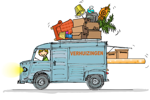 Vrolijke getekende verhuiskaart verhuis auto bus
