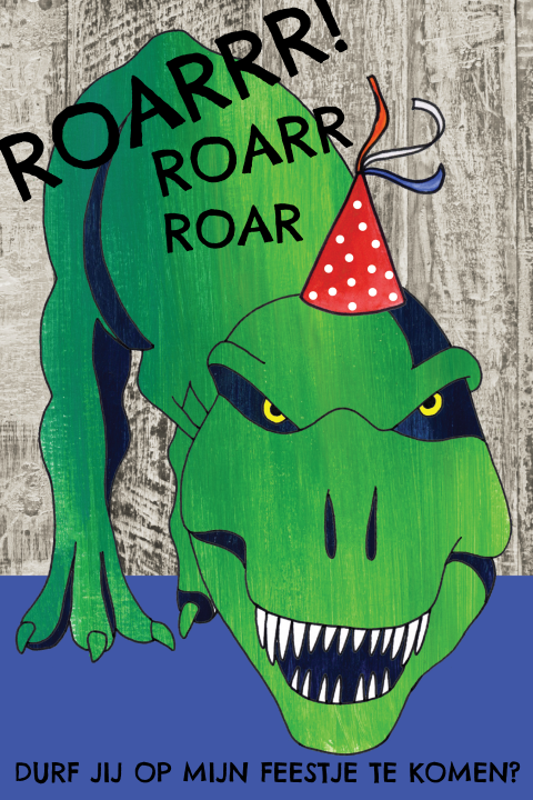 Stoere uitnodiging voor een kinderfeestje met een t-rex dinosaurus