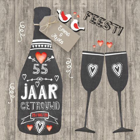 Uitnodiging jubileum 55 jaar getrouwd schoolbord op hout