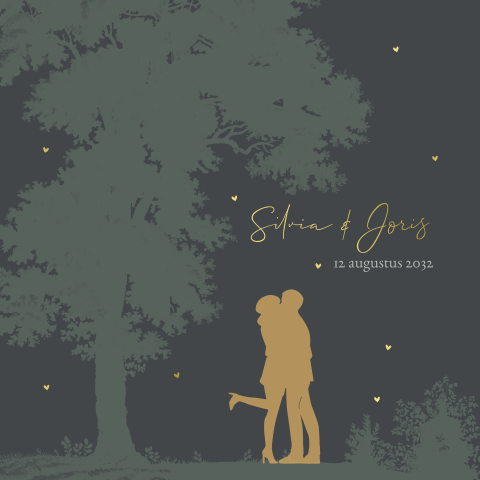 Trouwkaart met verliefde mensen onder een boom