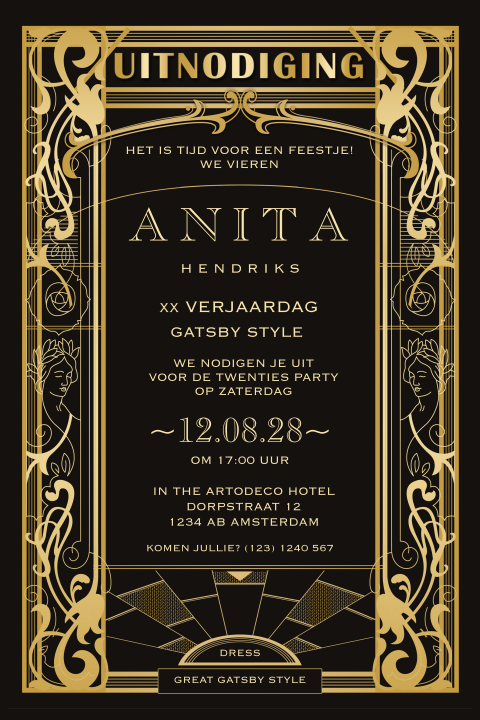 Great Gatsby verjaardagsuitnodiging Art Deco stijl