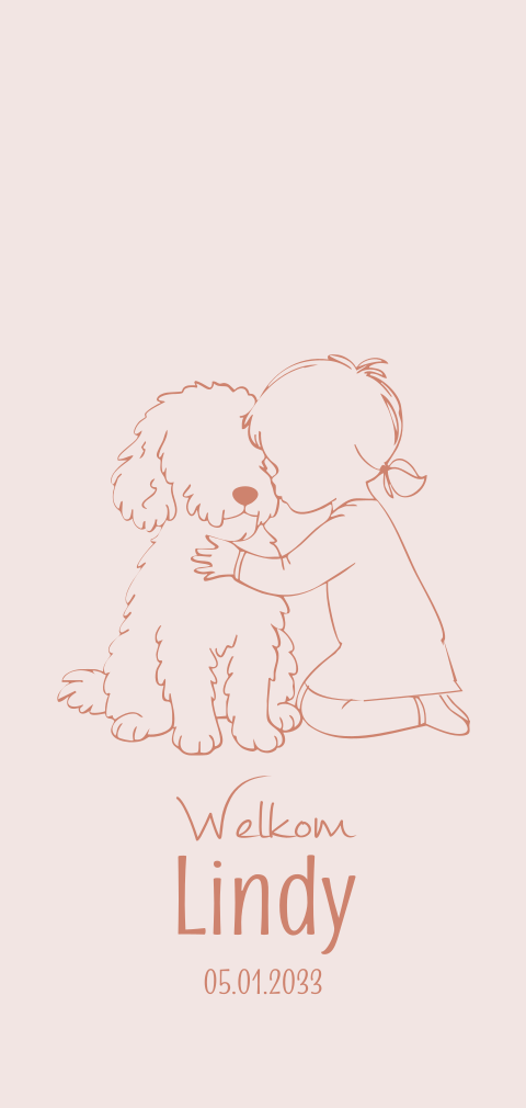 Geboortekaartje meisje met labradoodle hond lijntekening