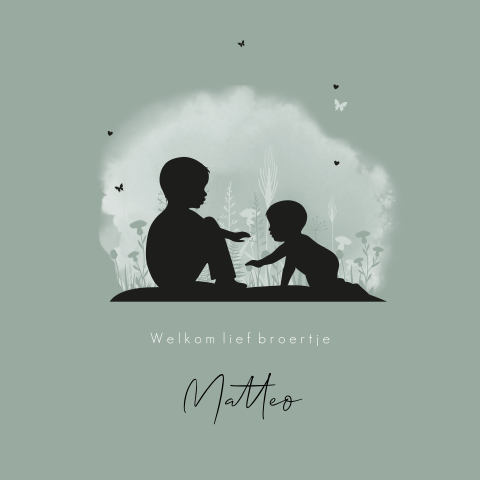 Geboortekaartje tweede kindje met broertjes in bloemenveld