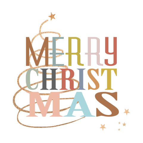Kerstkaart Merry Christmas in kleuren en kerstboom in goudlook