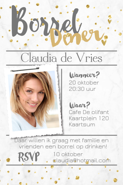 Uitnodiging borrel gouden glitters en foto