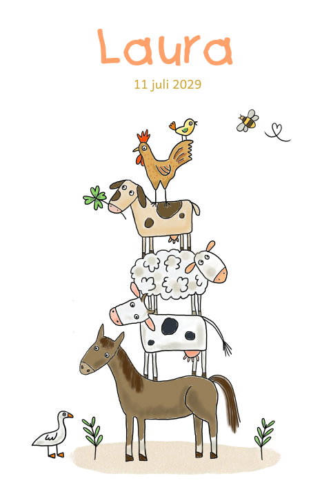 Geboortekaartje boerderijdieren getekende dieren