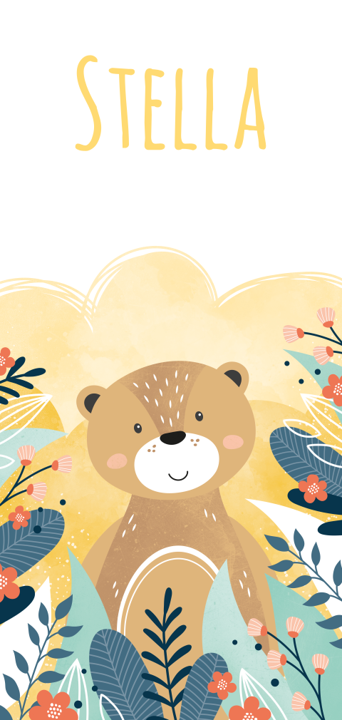 Geel geboortekaartje voor een meisje met beer en jungle bladeren