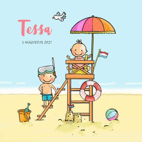 Geboortekaartje meisje strand met grote broer