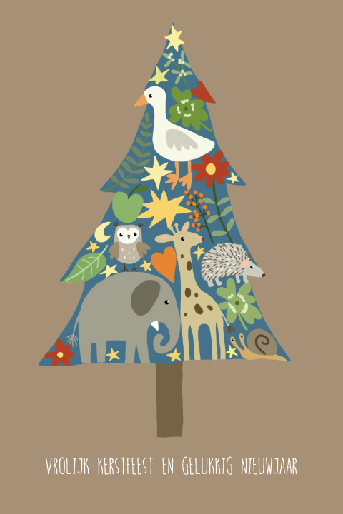 Kerstkaart boom met dieren op bruin