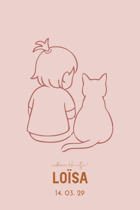 Geboortekaartje lijntekening meisje en kat