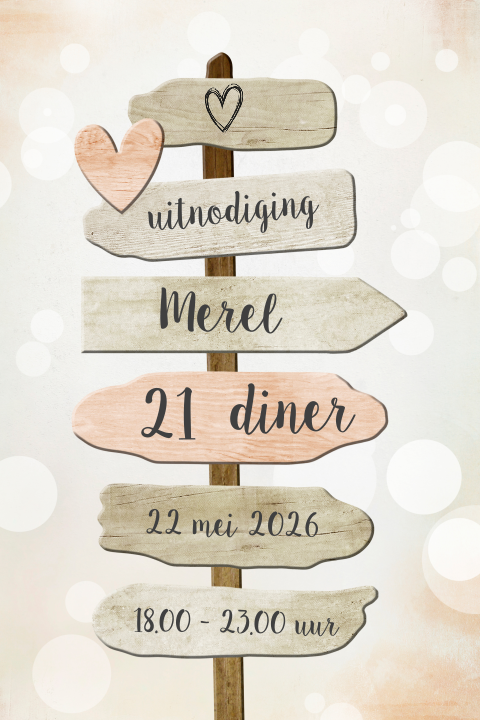 21 diner uitnodiging wegwijzer houten bordjes pastel