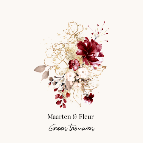 Trouwkaart botanisch met rode en goud look  bloemen