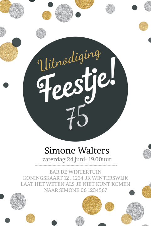Uitnodiging 75 jaar verjaardag met confetti in zilver en goudlook