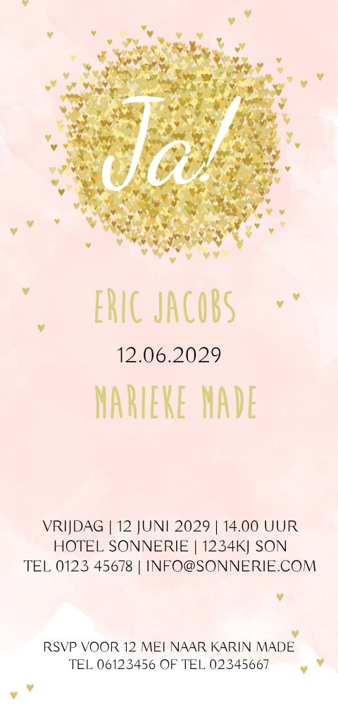 Trouwkaart roze met gouden hartjes in lange uitvoering roze