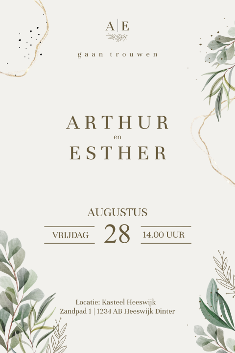 Trouwkaart staand met takjes en glitterlook