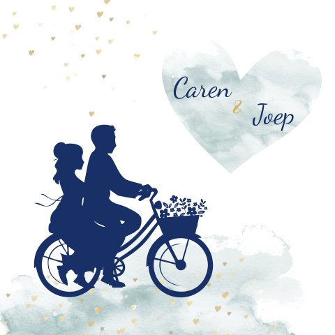 Leuke trouwkaart met bruidspaar op een fiets hartjes regen