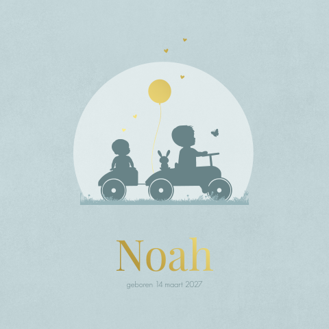 Geboortekaartje 2e kind jongen met grote broer en loopauto 