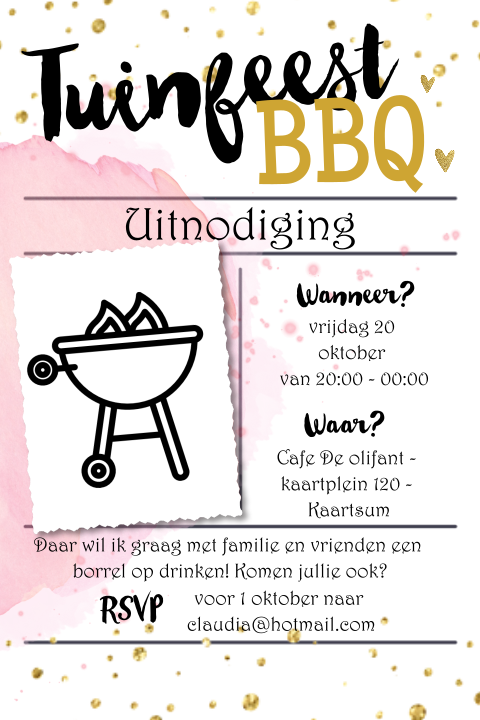 Uitnodiging bbq tuinfeest met roze confetti en typografie