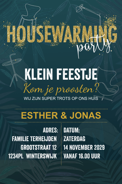 Housewarming uitnodiging groen typografie  glitterlook tekst