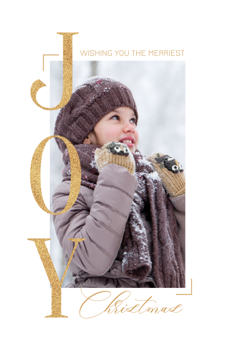 Foto kerstkaart met goudkleurige letters joy