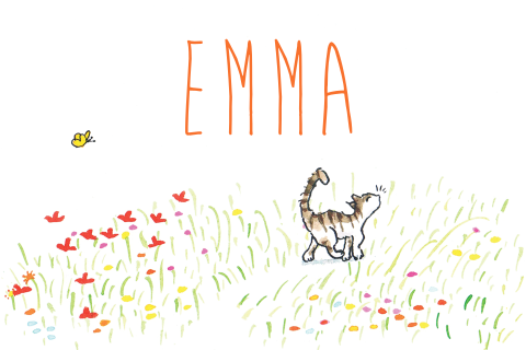 Getekend geboortekaartje voor meisje met een kat in grasveld