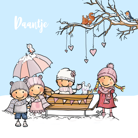 Winters geboortekaartje 4e kindje zussen en broer in de winter
