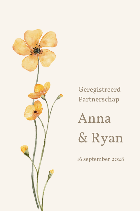 Partnerschap uitnodiging met gele bloem beige