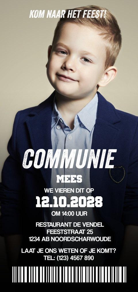 Uitnodiging ticket communie jongen