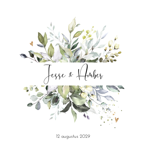 Trouwkaart met boeket en takjes bloemenkrans