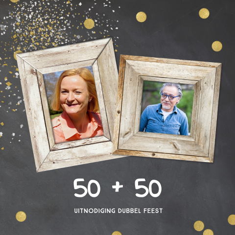 Uitnodiging samen 100 met foto en confetti