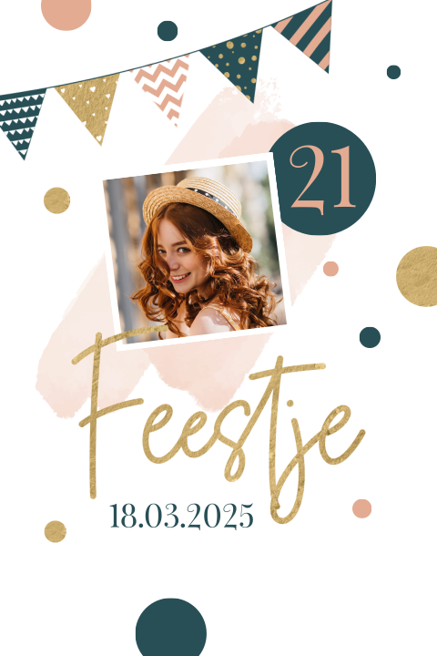 Hippe verjaardagsuitnodiging 21 jaar met foto en vlaggetjes