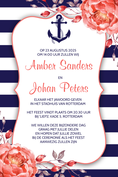 Stijlvolle trouwkaart met blauw wit streeppartoon en anker