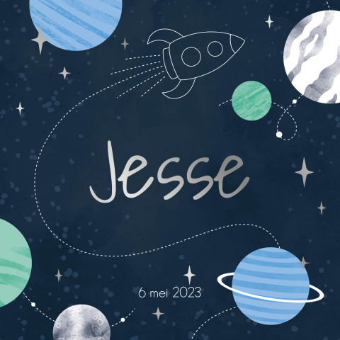 Geboortekaartje jongen raket, planeten en sterren blauw foliedruk