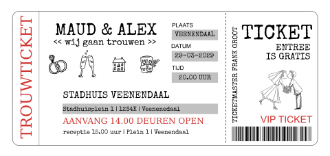 Trouwkaart ticket lang wit met illustraties
