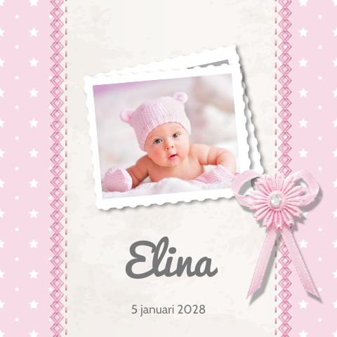 Klassiek geboortekaartje meisje met roze strikje, foto en sterretjes