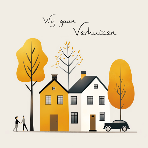 Verhuiskaart illustratie huisjes okergeel