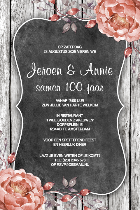 Vintage uitnodiging dubbel feest met bloemen en krijtbord