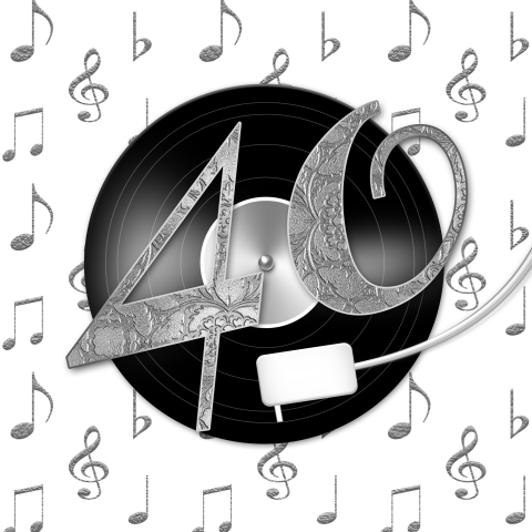 Uitnodiging 40e verjaardag met lp en muzieknoten