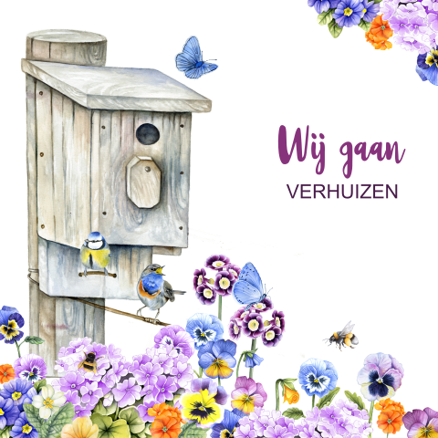 Verhuiskaart met vogeltjes, bloemen en vogelhuisje