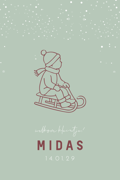 Geboortekaartje winter jongetje op slee 