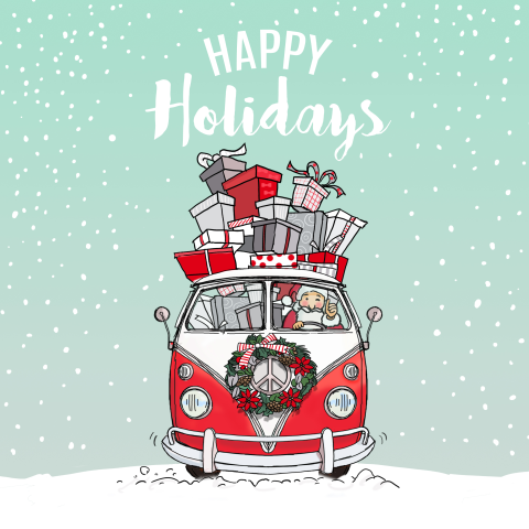 Mooi getekende kerstkaart met witte volkswagen en kerstman