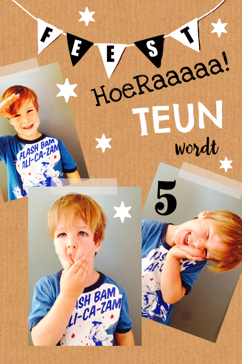 Hippe kinderfeestje kaart 5 jaar met eigen foto collage