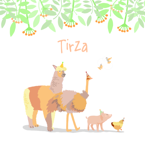 Geboortekaartje met alpaca, struisvogel, varkentje en kip