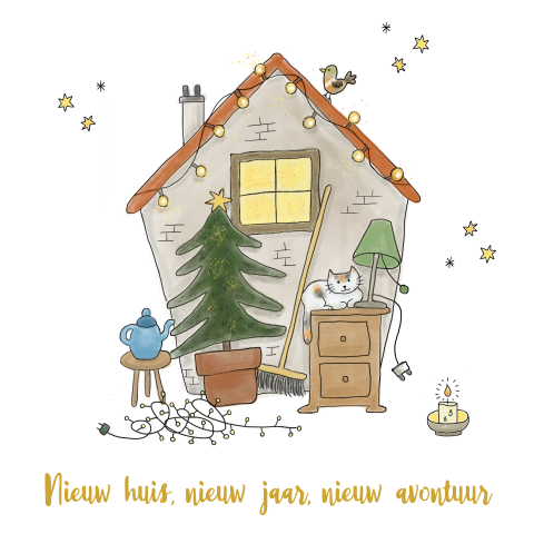 Kerstverhuiskaart tekeningen kerst, boom, kat