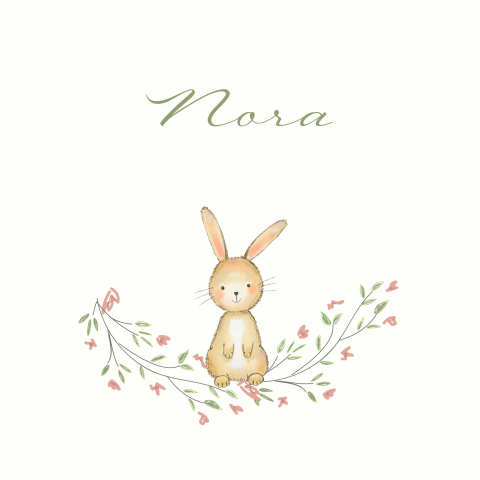 Geboortekaartje konijn op bloementak voor een meisje
