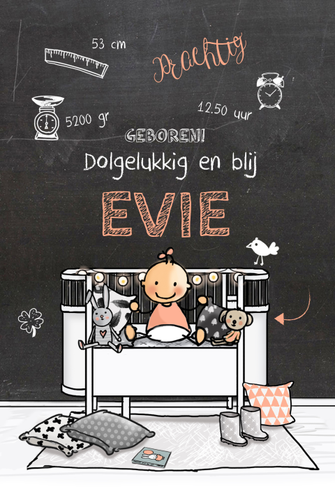 Mooi eigentijds geboortekaartje ledikant krijtbord
