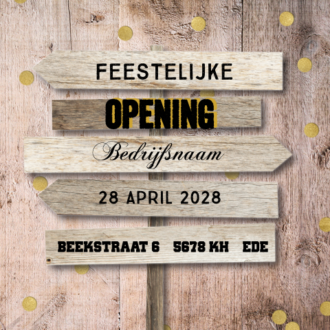 Opening met houten bord en confetti