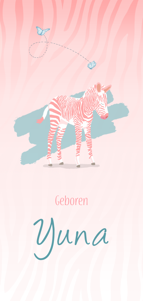 Geboortekaartje meisje roze met een zebra 