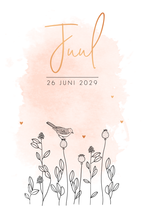 Geboortekaartje meisje met vogel pentekening foliedruk