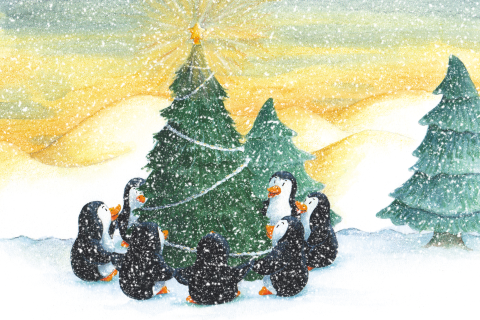 Kerstkaart pinguïns om de kerstboom
